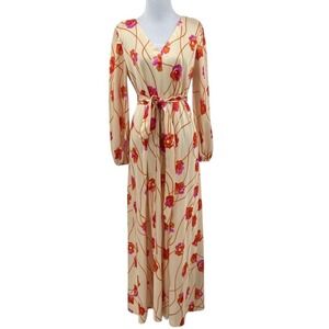 Vintage 60s 70s Floral Maxi‎ Dress Med Lg Long Sleeve Trapeze Watercolor Easter